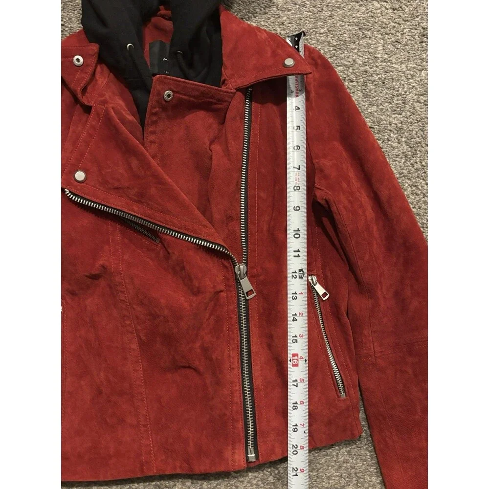 7 For All Mankind Leather Suede Moto Jacket Removeable Hood Women’s Small Red